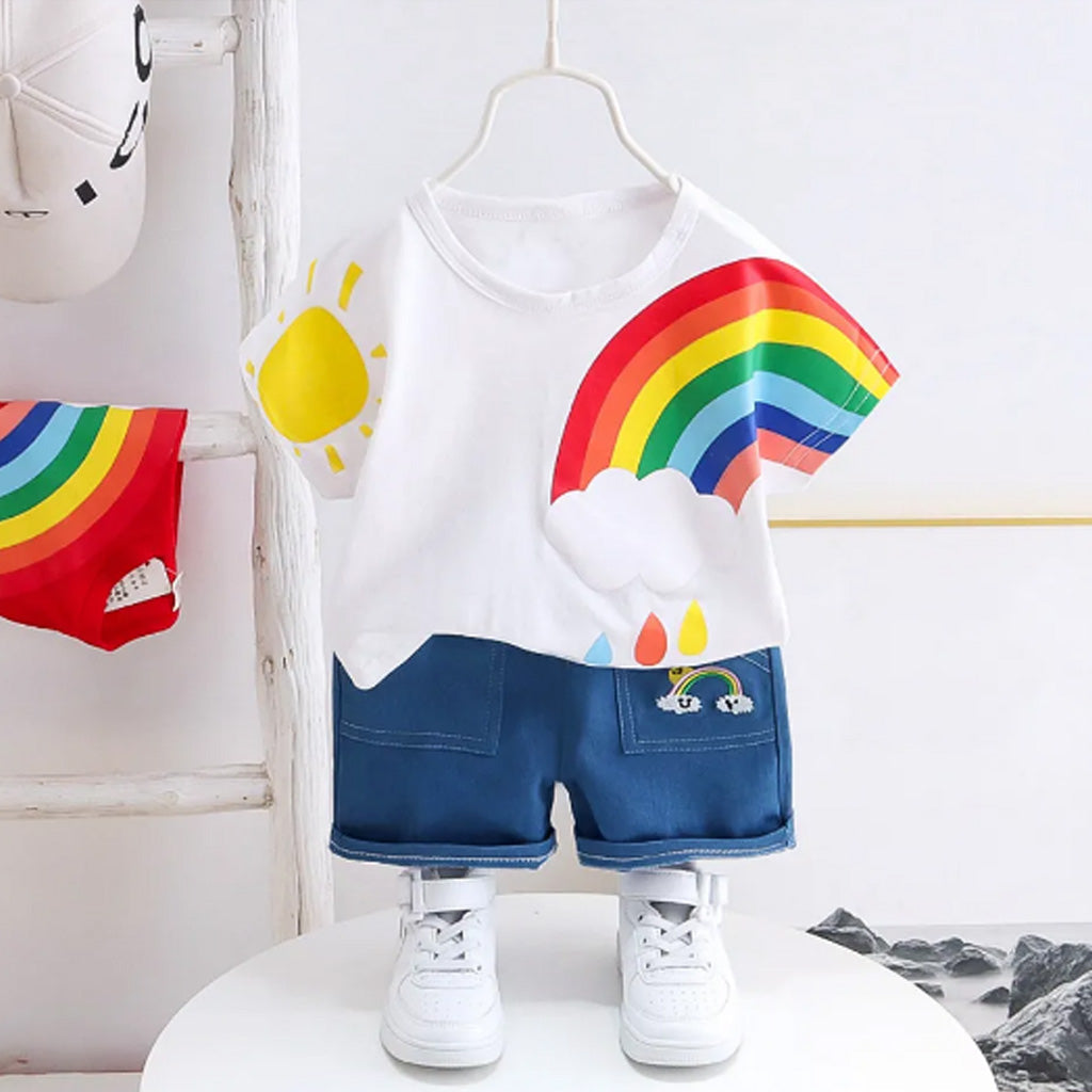 2pcs Toddler BoyGirl Playful Denim Shorts Rainbow Sun Print Tee Set