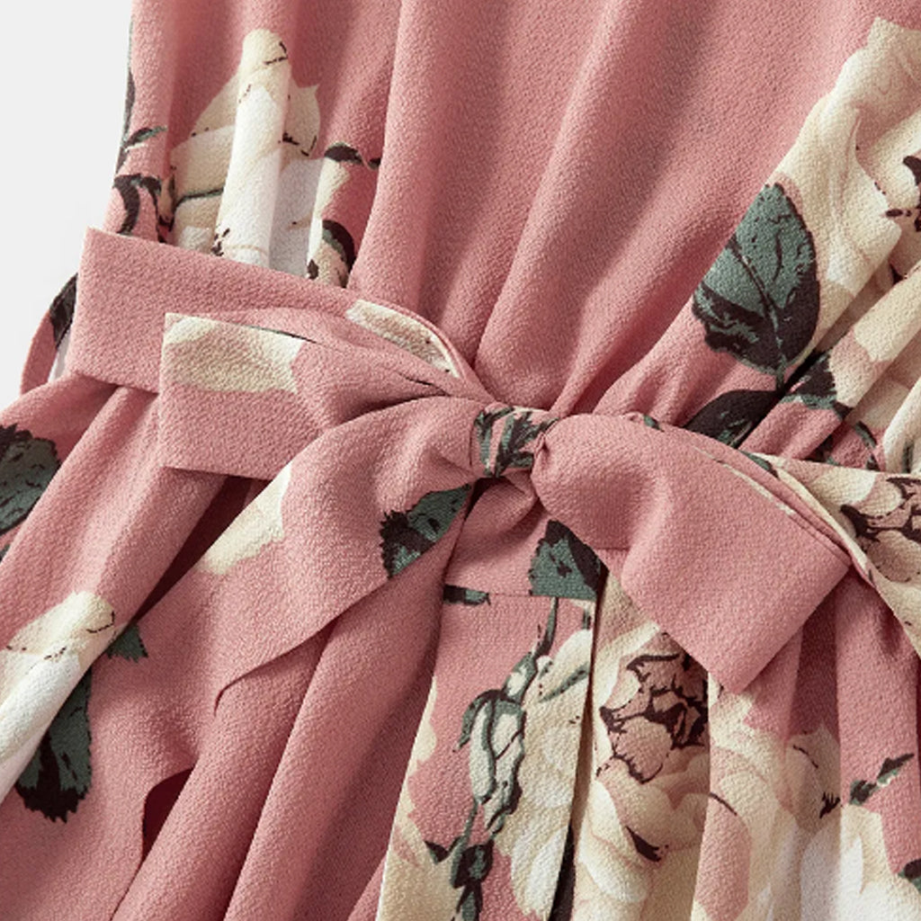 Pink Floral Print Ruffle-sleeve Dresses