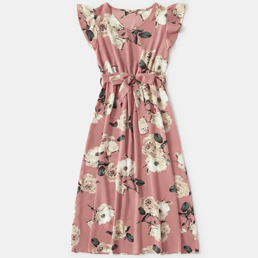 Pink Floral Print Ruffle-sleeve Dresses