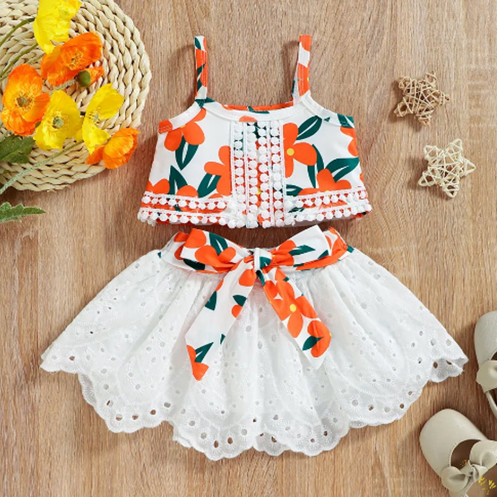 2pcs Baby Girl Floral Print Camisole Crop Top and Bowknot Hollow Out Skirt Set