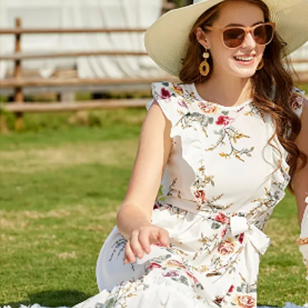 Floral Print White Sleeveless Ruffle Belted Midi Dress