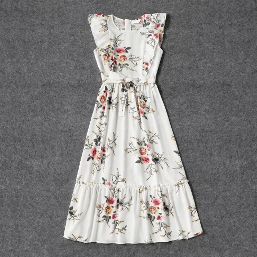 Floral Print White Sleeveless Ruffle Belted Midi Dress