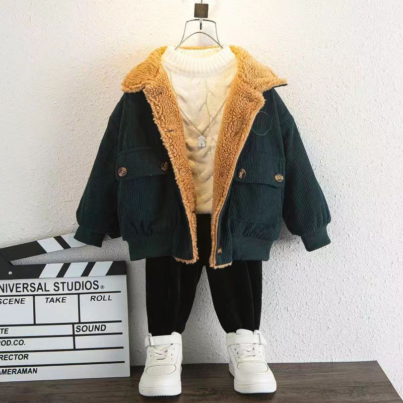 Toddler Boy Corduroy Long-sleeve Thicken Lapel Plush Jacket