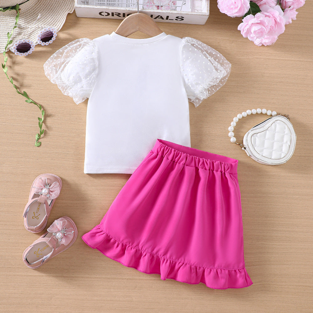 Baby Girl Sweet Mesh Puff Sleeves Shirt & rose ruffle skirt set