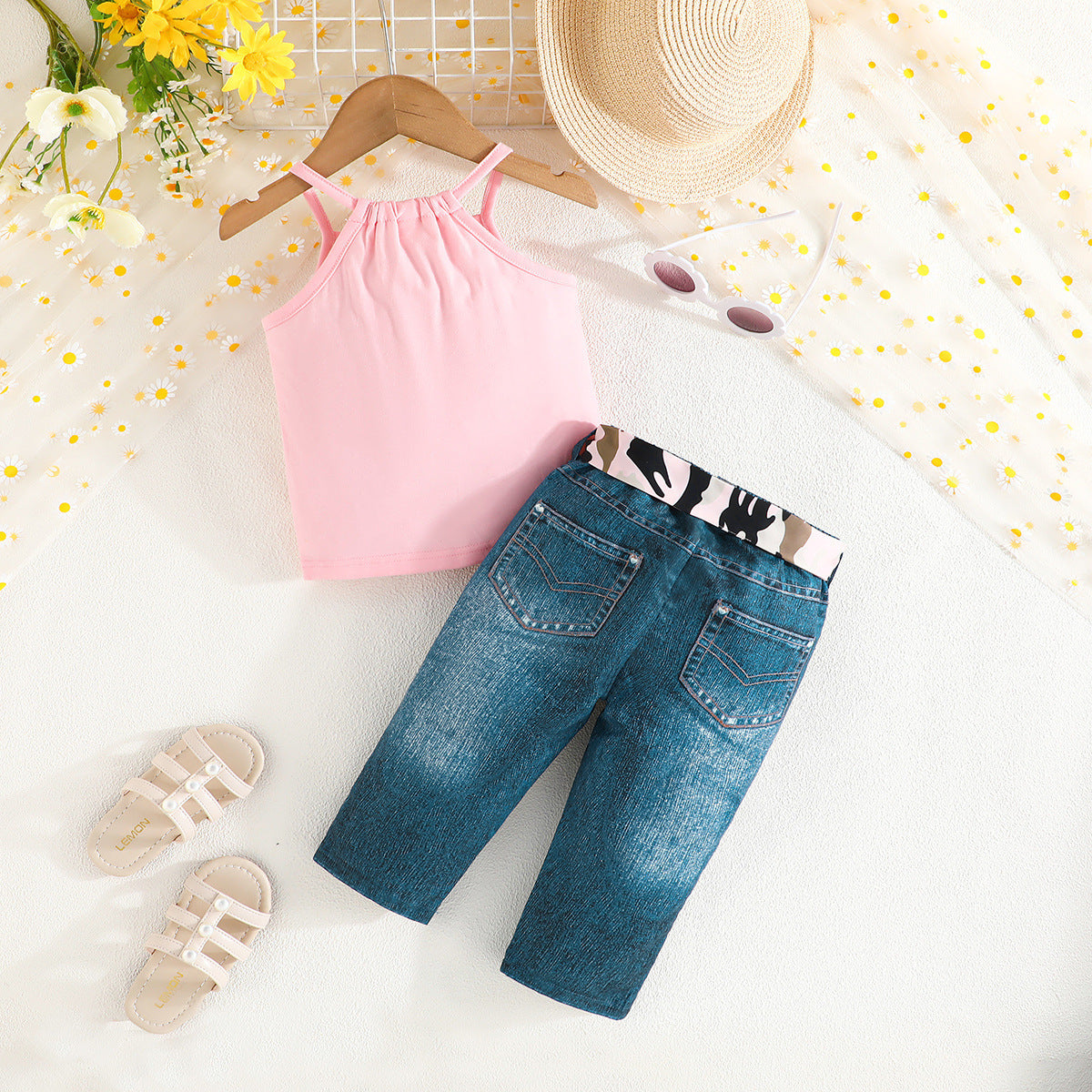 3 Pcs Baby Girl Spaghetti strap Sleeves Top and Leopard Pattern And Polyester Trouser With Belt