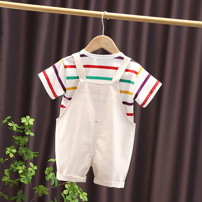 Baby Boy 2 Piece Stripped Half-Sleeves Shirt With Cartoon Pocket & Short Set