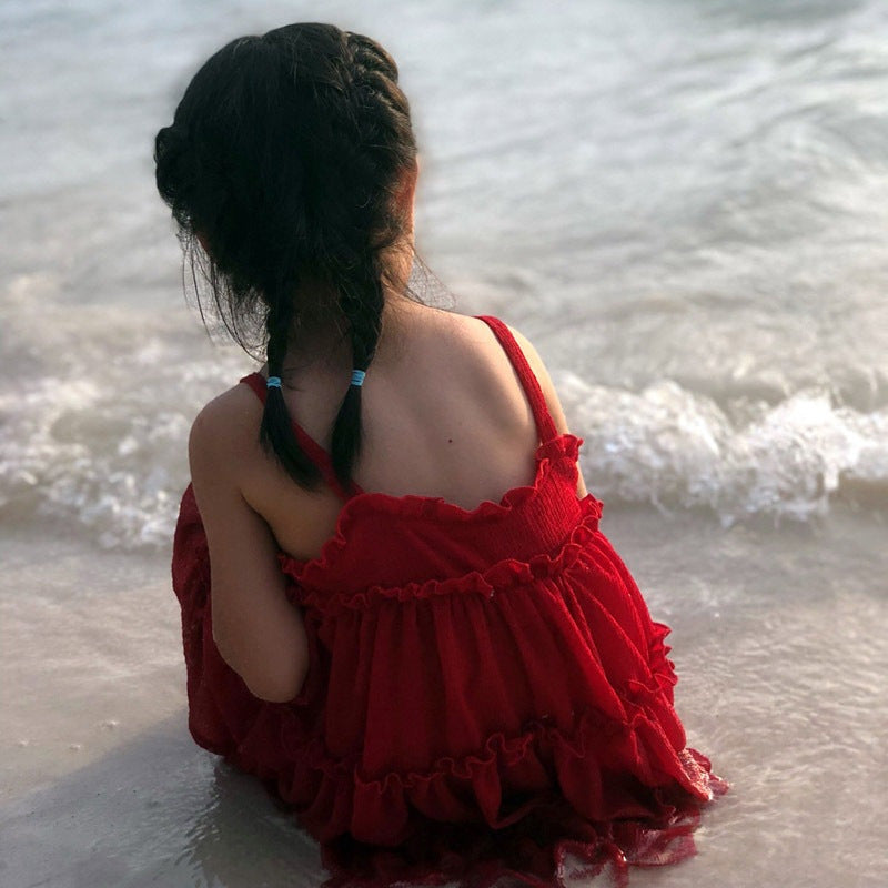 Toddler & Baby Girls Red Suspender Pleated Princess Dress