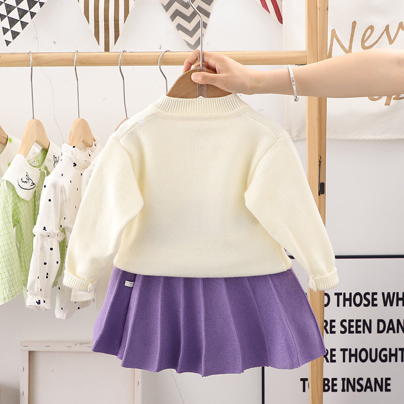 2pcs Baby Girl Woolen Long Sleeve 3D Grapes Decorated Sweater And Pleated Skirt