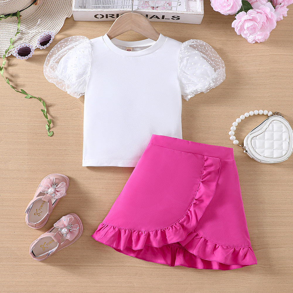 Baby Girl Sweet Mesh Puff Sleeves Shirt & rose ruffle skirt set