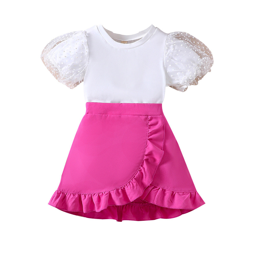 Baby Girl Sweet Mesh Puff Sleeves Shirt & rose ruffle skirt set