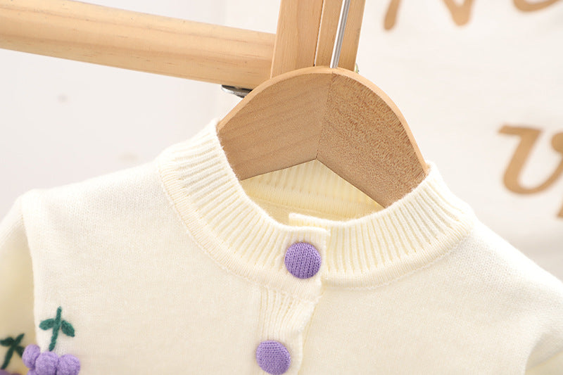 2pcs Baby Girl Woolen Long Sleeve 3D Grapes Decorated Sweater And Pleated Skirt