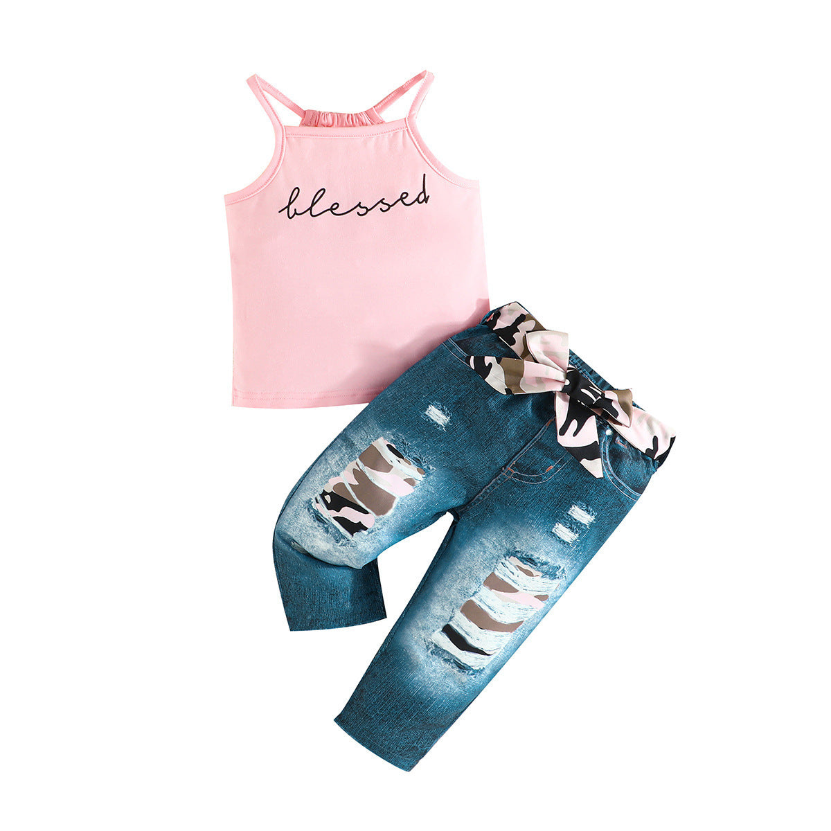 3 Pcs Baby Girl Spaghetti strap Sleeves Top and Leopard Pattern And Polyester Trouser With Belt