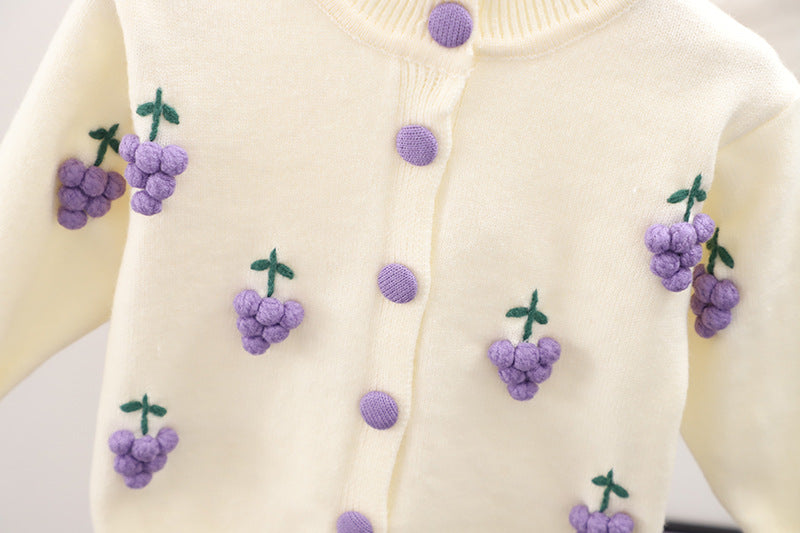 2pcs Baby Girl Woolen Long Sleeve 3D Grapes Decorated Sweater And Pleated Skirt