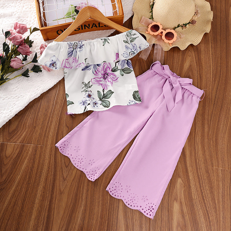 Baby Girl Cute Ruffle Print Top and Laser Cutout Belted Wide Leg Trouser
