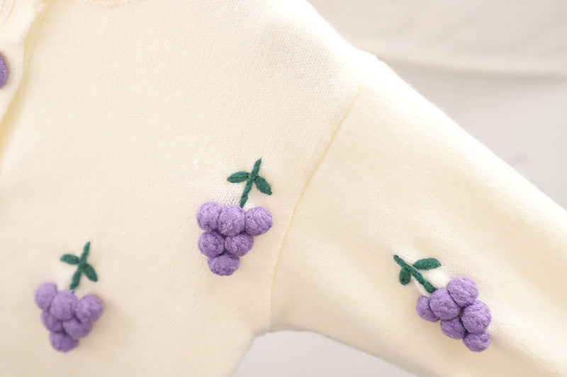 2pcs Baby Girl Woolen Long Sleeve 3D Grapes Decorated Sweater And Pleated Skirt