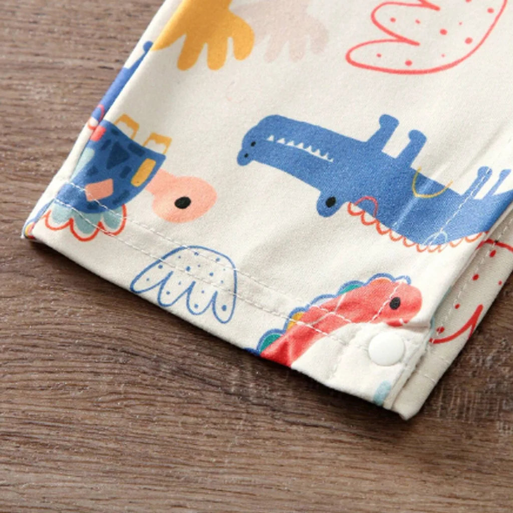 1pc Baby Boy Apricot Cartoon Dinosaur Print Long Sleeve Jumpsuit