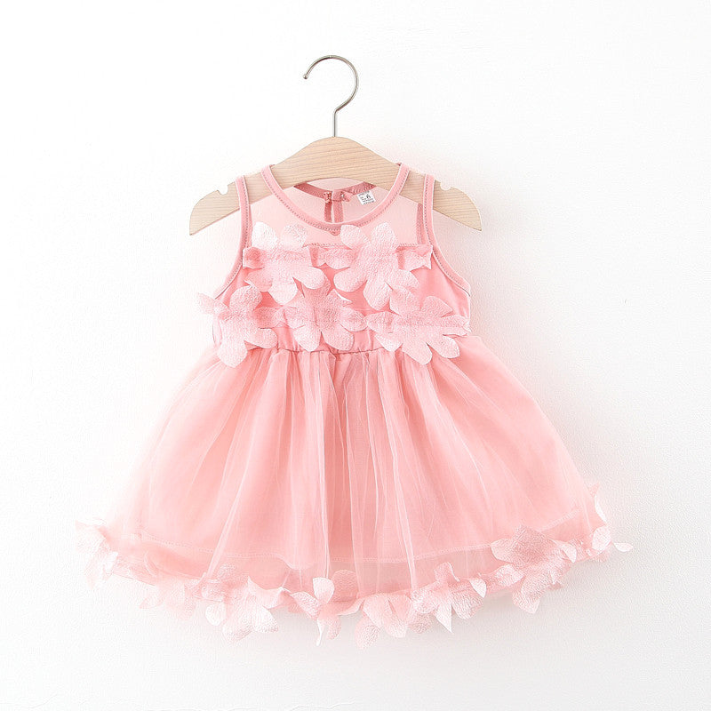 Baby Girl Pretty Solid Mesh Floral Lace Decor Short sleeve Dress