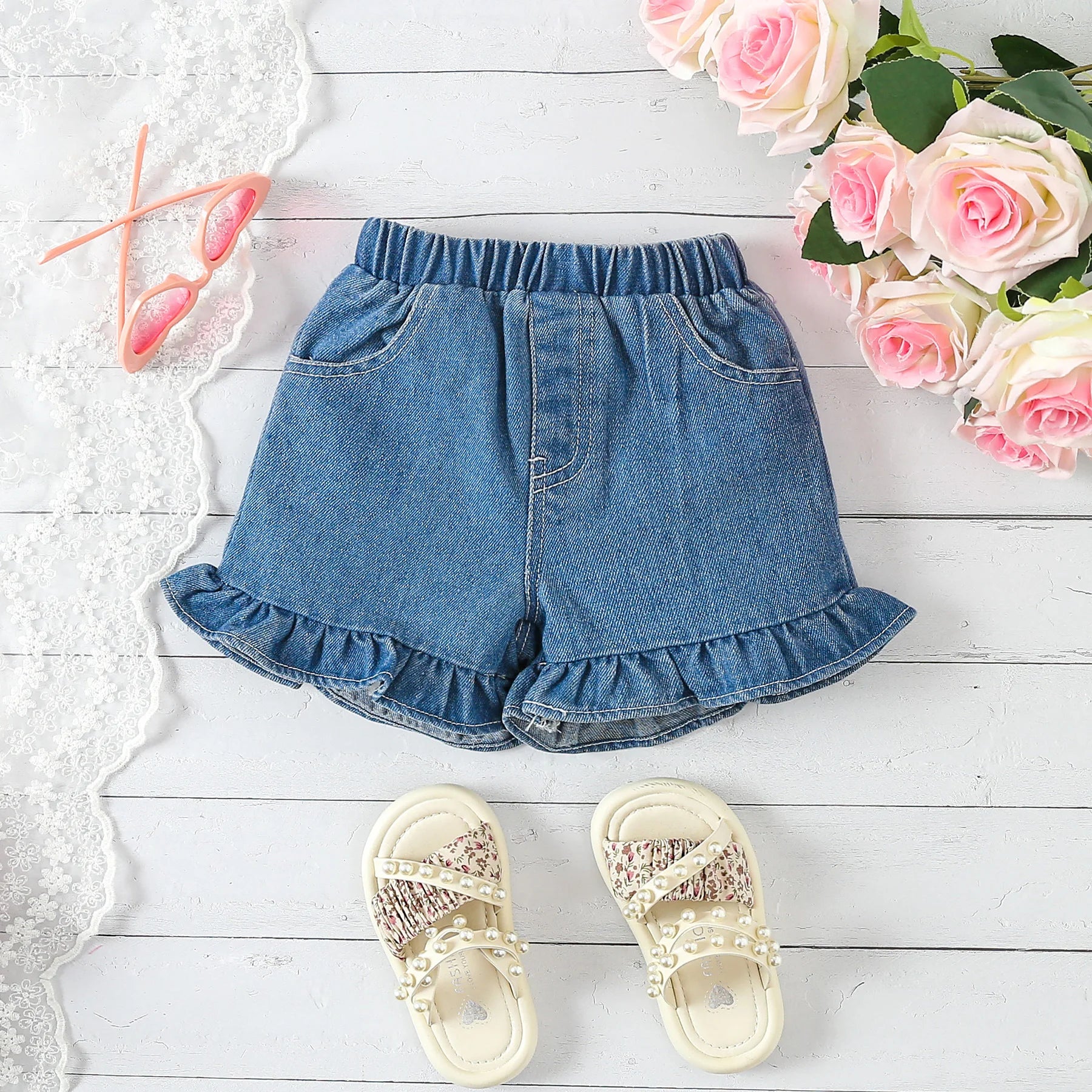 2pcs Baby Girl Beautiful Sleeveless One Shoulder Bow Top Denim