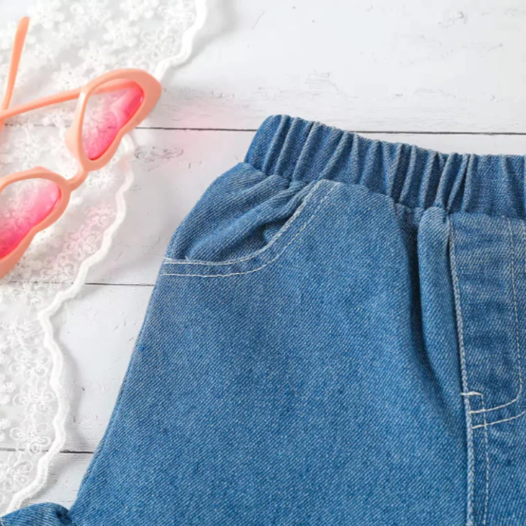 2pcs Baby Girl Beautiful Sleeveless One Shoulder Bow Top Denim