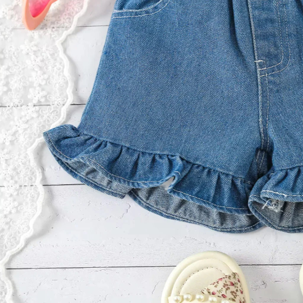 2pcs Baby Girl Beautiful Sleeveless One Shoulder Bow Top Denim