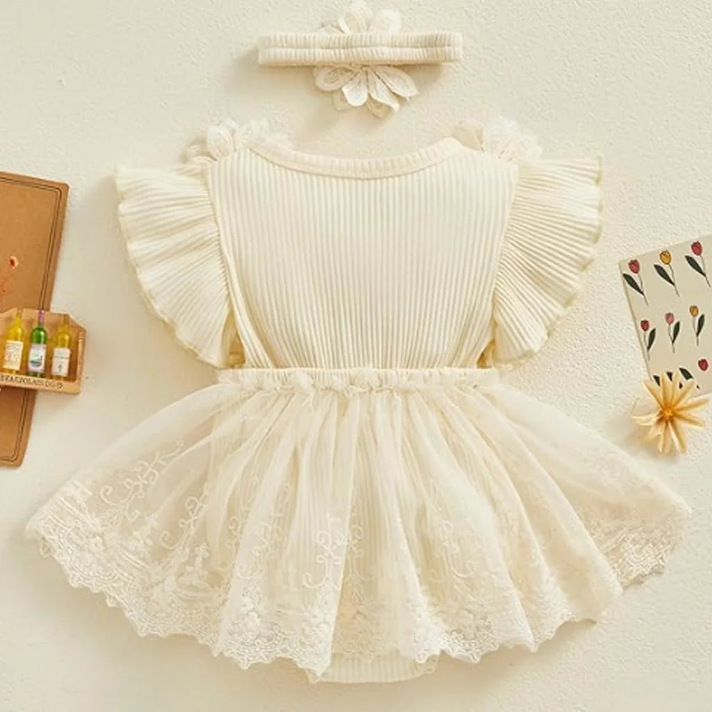 2pcs Baby Girl Fly Sleeve Floral Embroidered Romper With Headband Set