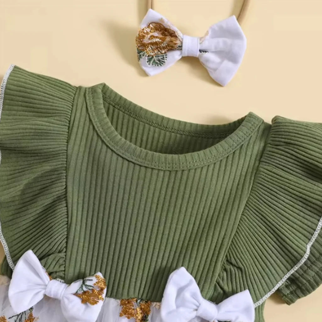 2pcs Baby Girl Ruffle-sleeve Cute Bowknet Design Ribed Mesh Romper With Headband Set