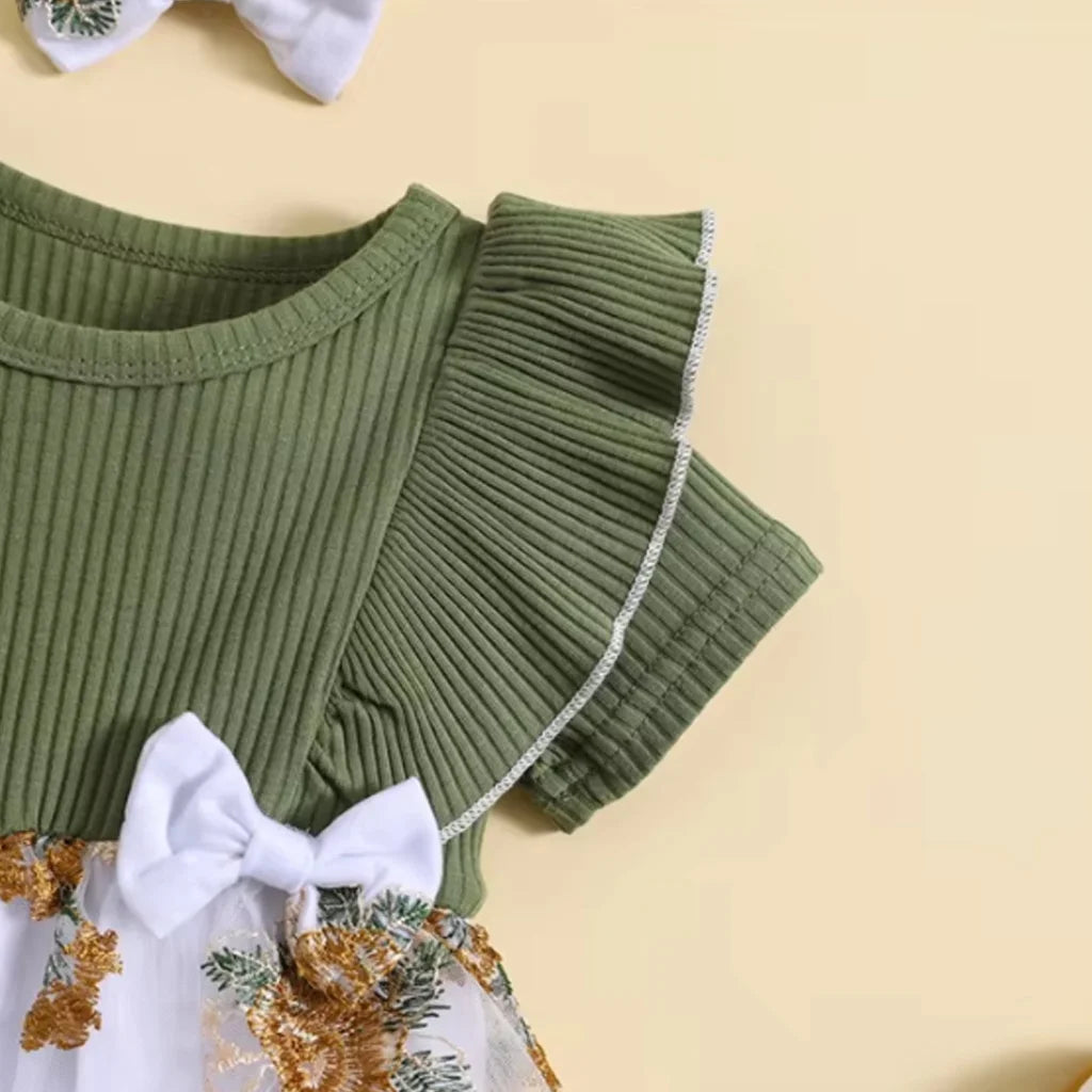 2pcs Baby Girl Ruffle-sleeve Cute Bowknet Design Ribed Mesh Romper With Headband Set