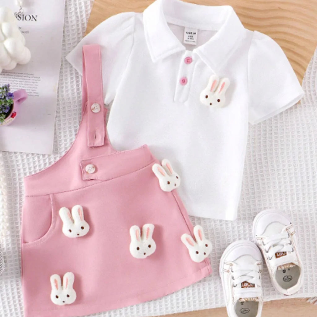 2pcs Baby Girl White Short-Sleeve Tee And Stylish Bunny Patch Overall Set