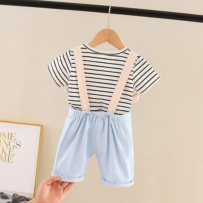 Baby Boy Stripped Shirt and Bear Overall / Baby Boy Cute Bear Print Dungaree Set