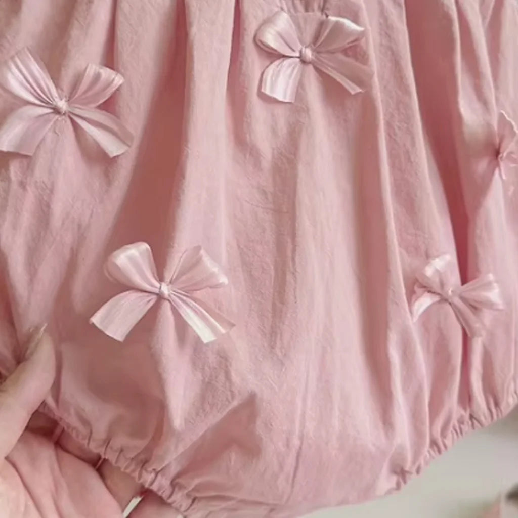 Baby Girls Cute Decorated Pink Bow & Soft Peter Pan Collar Romper