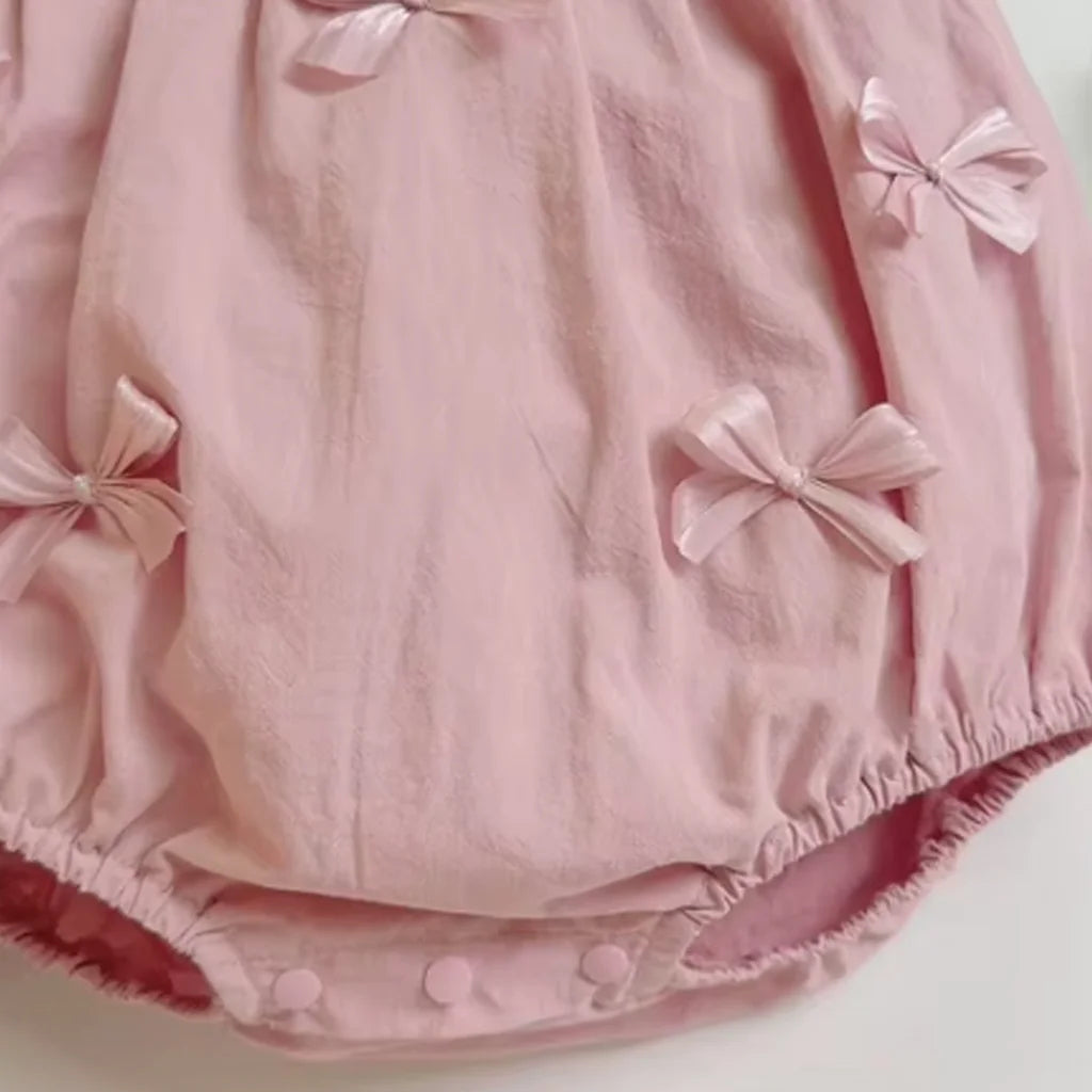 Baby Girls Cute Decorated Pink Bow & Soft Peter Pan Collar Romper