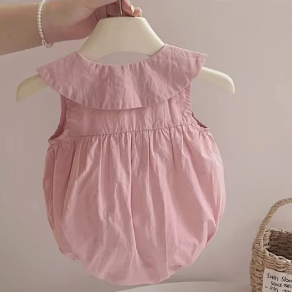 Baby Girls Cute Decorated Pink Bow & Soft Peter Pan Collar Romper