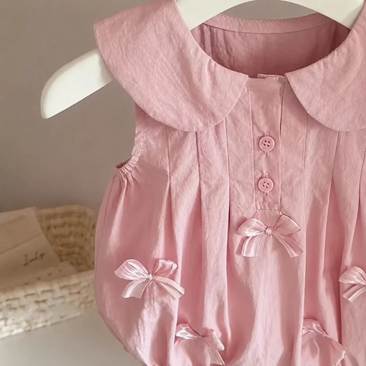 Baby Girls Cute Decorated Pink Bow & Soft Peter Pan Collar Romper