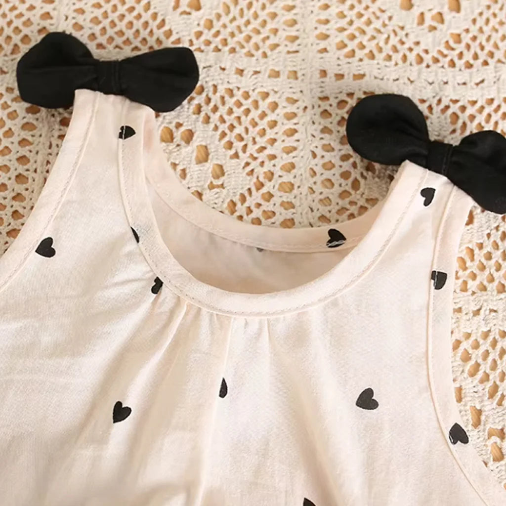 Baby Girls Heart Print Bubble Romper with Bow Headband Set