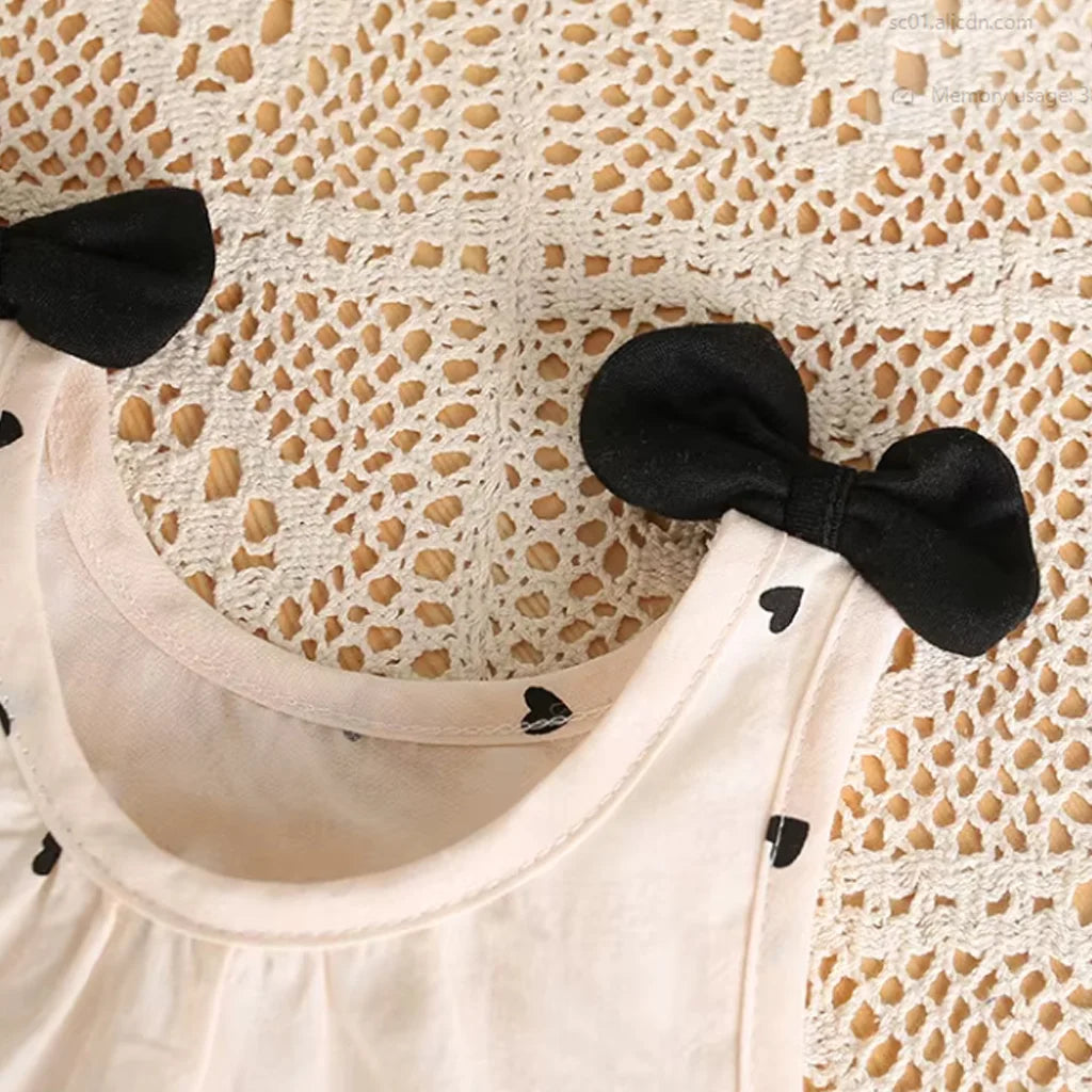 Baby Girls Heart Print Bubble Romper with Bow Headband Set