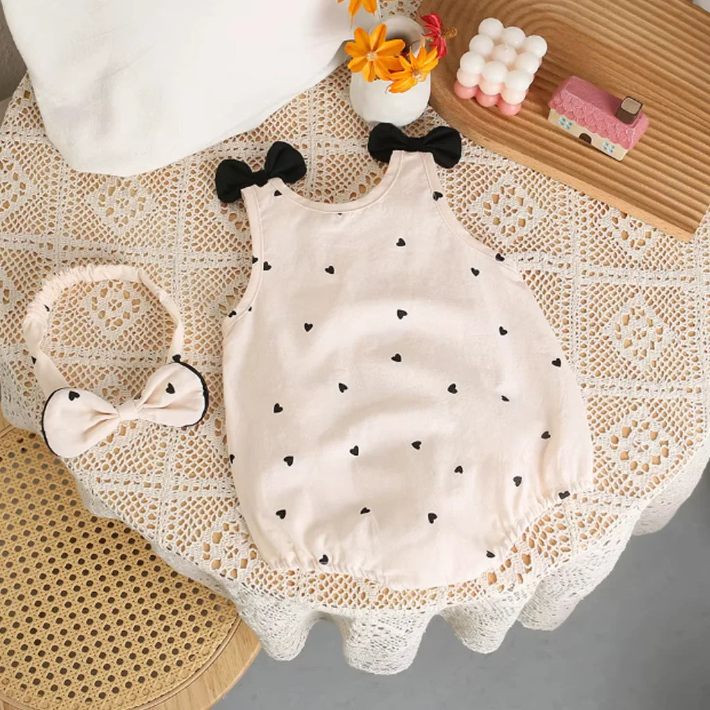 Baby Girls Heart Print Bubble Romper with Bow Headband Set