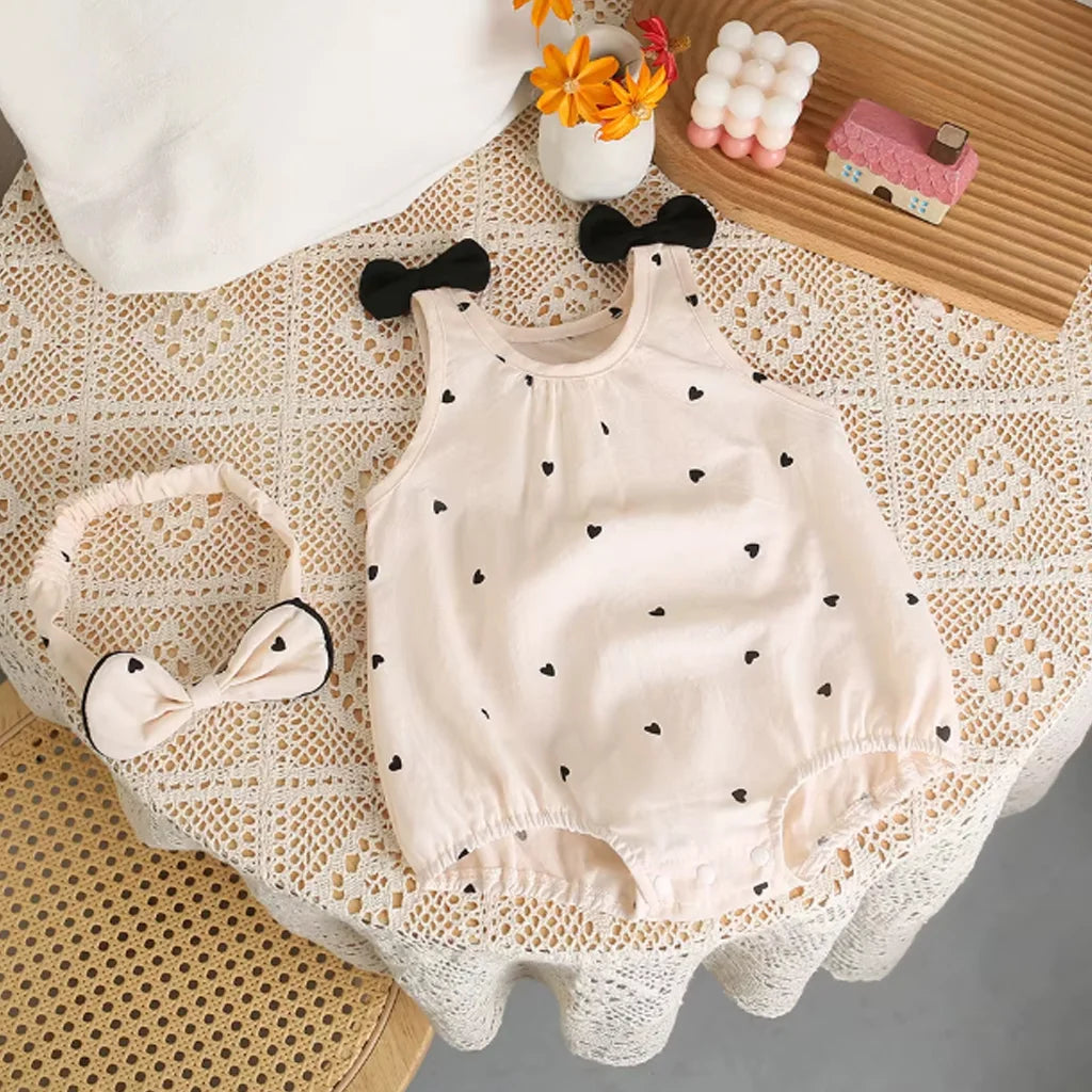 Baby Girls Heart Print Bubble Romper with Bow Headband Set