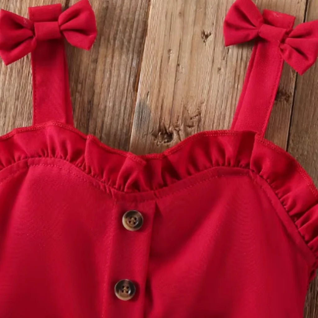 Baby Girls Red Bow Peplum Top & Cherry Embroidered Denim Pants Set