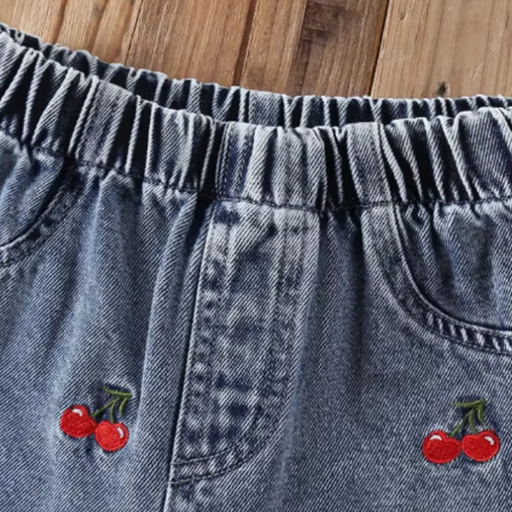 Baby Girls Red Bow Peplum Top & Cherry Embroidered Denim Pants Set