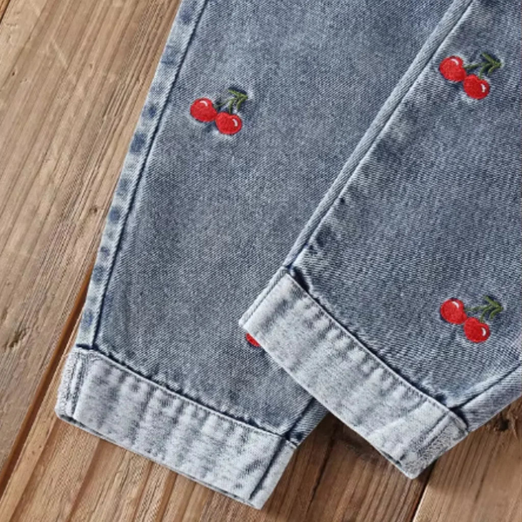 Baby Girls Red Bow Peplum Top & Cherry Embroidered Denim Pants Set