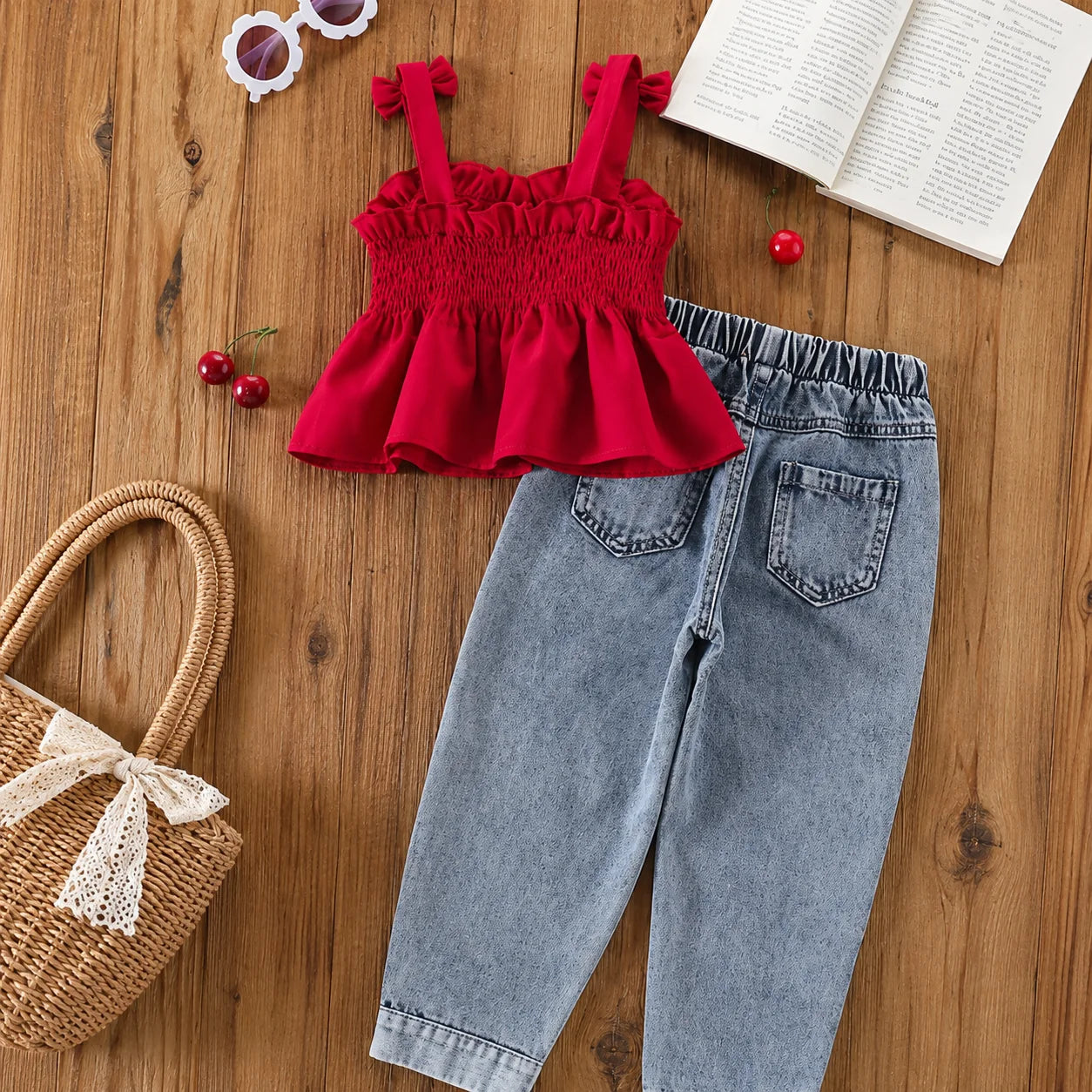 Baby Girls Red Bow Peplum Top & Cherry Embroidered Denim Pants Set