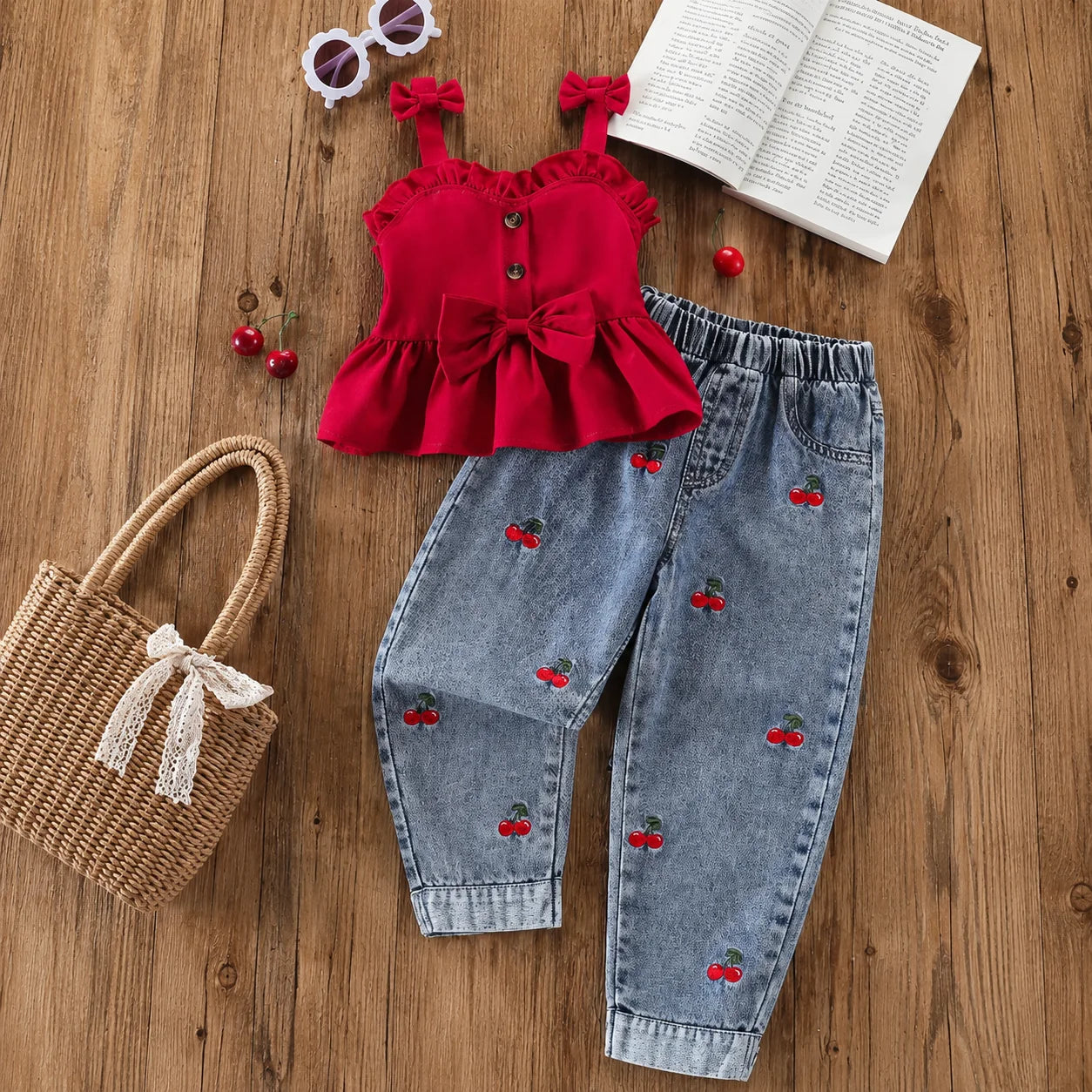 Baby Girls Red Bow Peplum Top & Cherry Embroidered Denim Pants Set