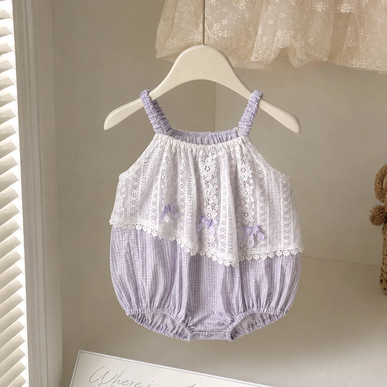 Baby Girls Lavender Gingham Lace Overlay and Bow decore Romper