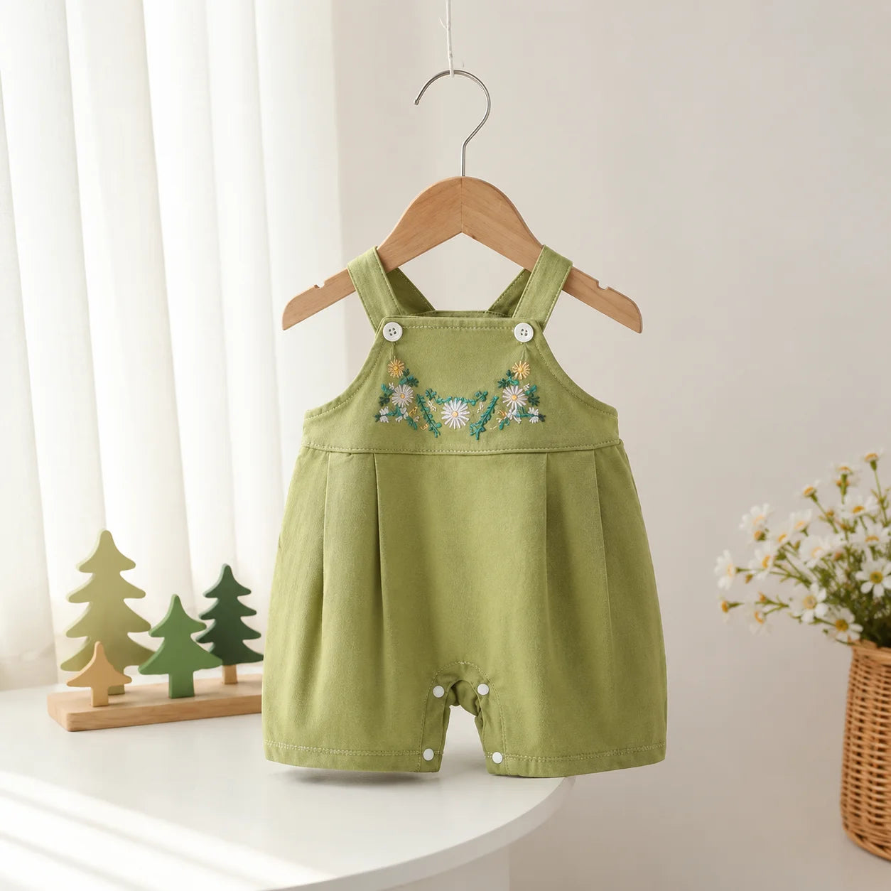 Baby Girls Embroidered Green Suspender Romper