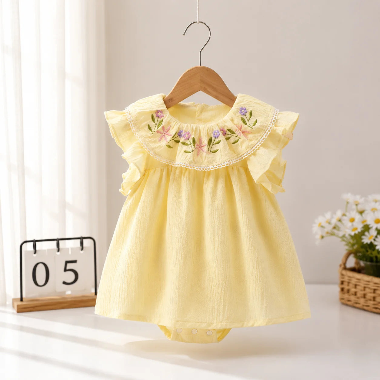 Baby Girls Floral Embroidered Peter Pan Collar Romper Dress