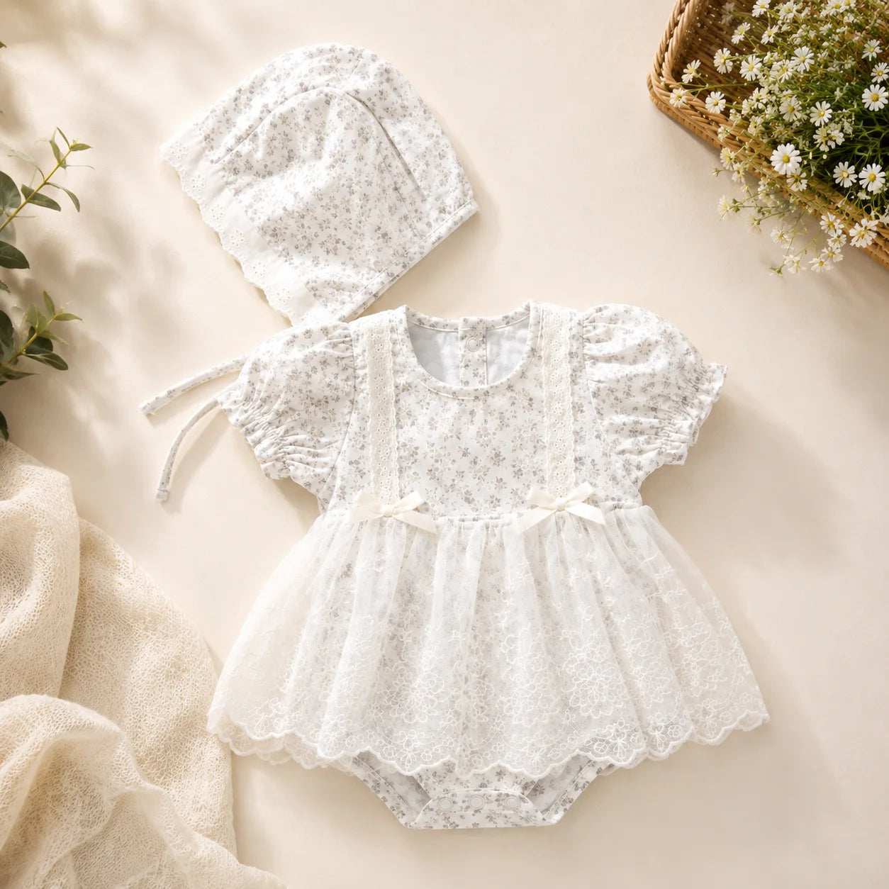 Baby Girls Floral Print Bubble Romper with Hat Set