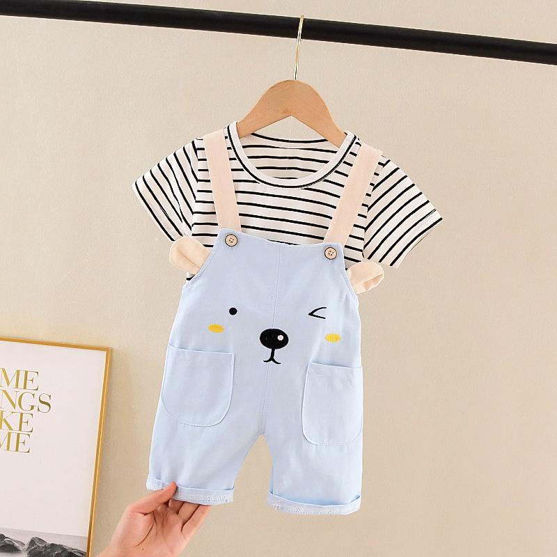 Baby Boy Stripped Shirt and Bear Overall / Baby Boy Cute Bear Print Dungaree Set