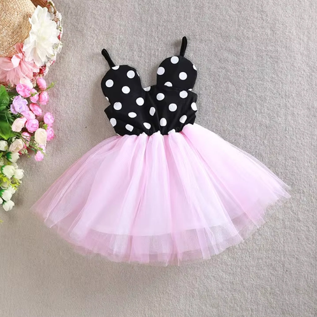 Baby Girl Polka Dots Black/Pink Sleeveless Spaghetti Strap Mesh Dress