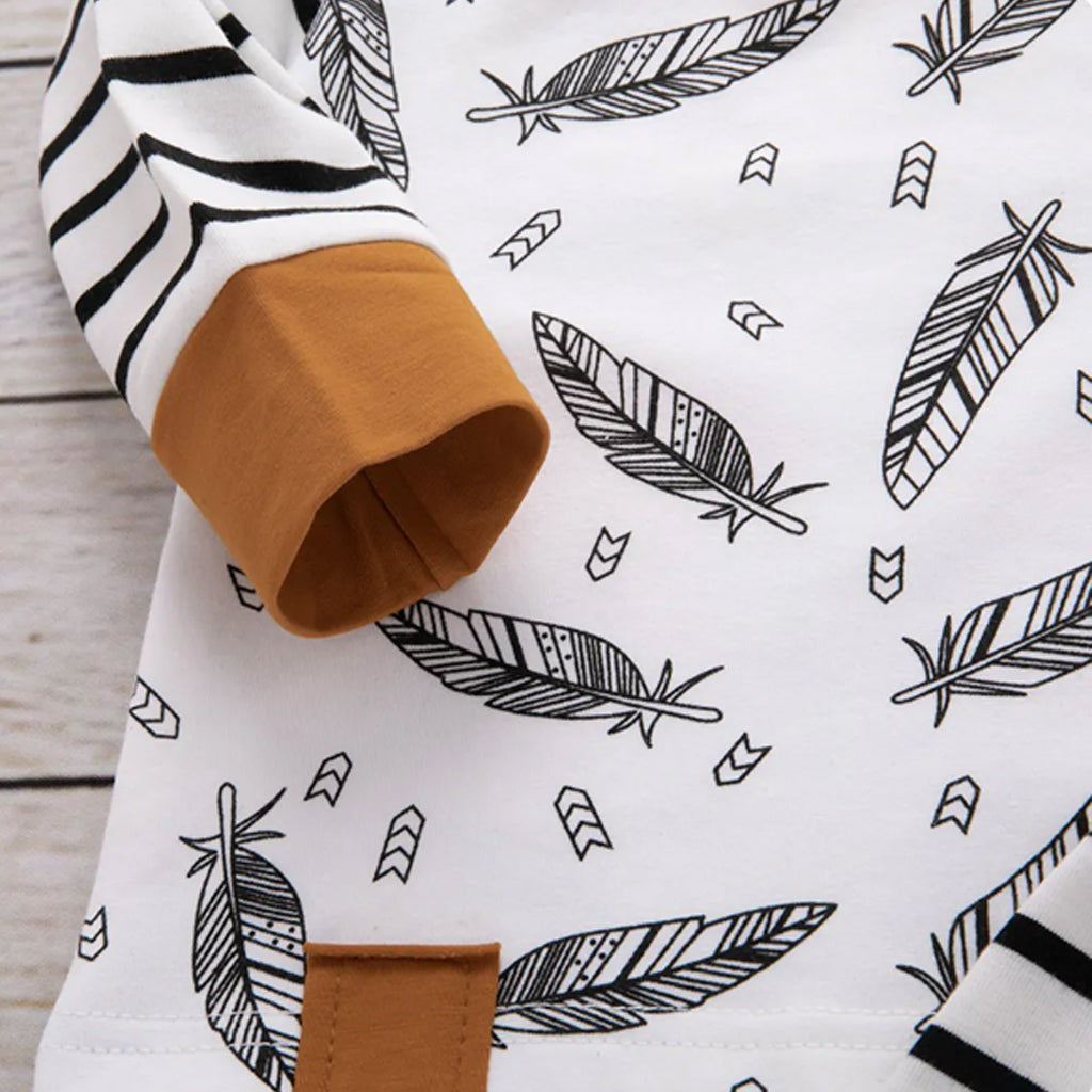 3pcs Baby Boy Stripe and Feather Print Long-sleeve Shirt with Trouser And Cap Set