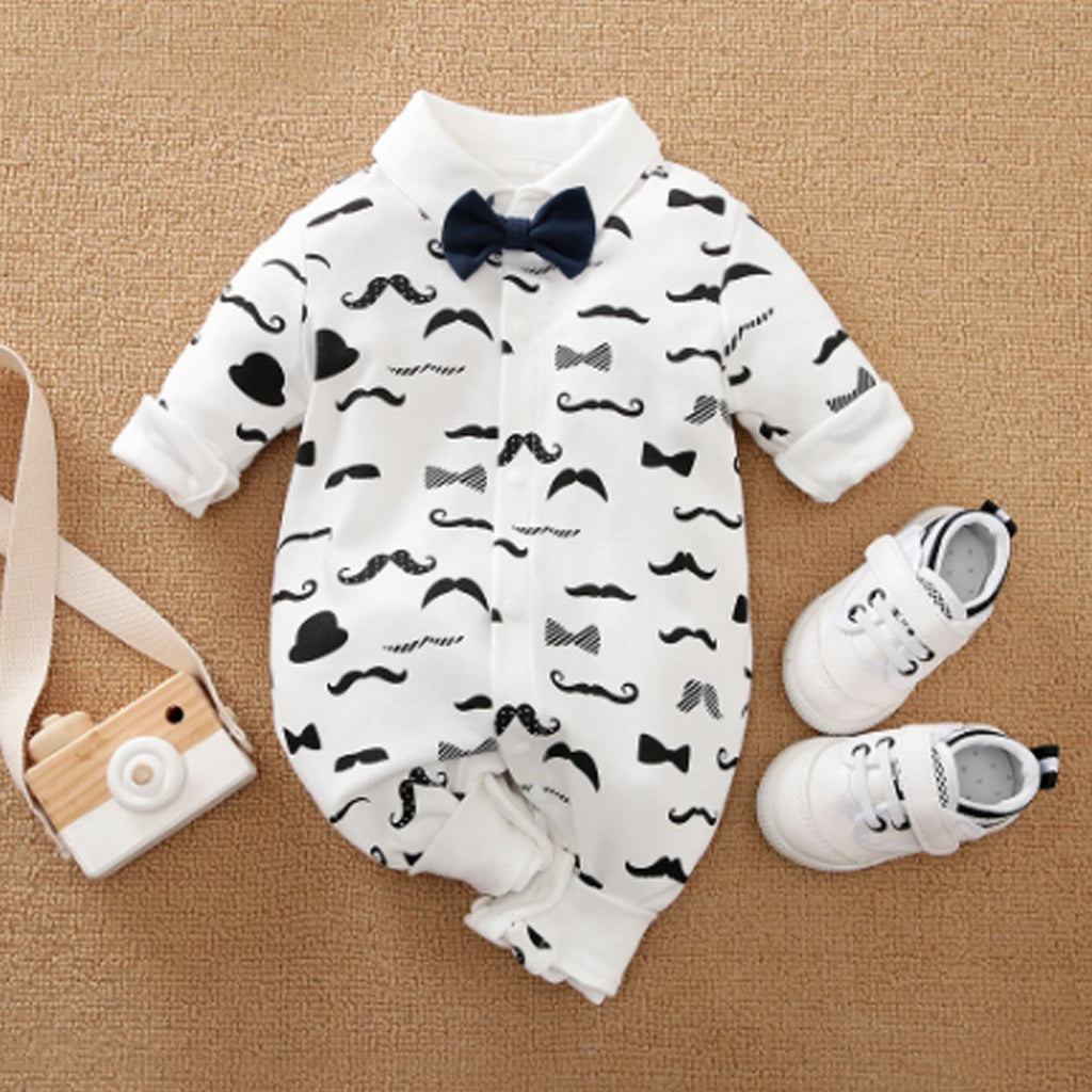 Moustache Pattern Bow Tie Decor Long-sleeve Baby Jumpsuit